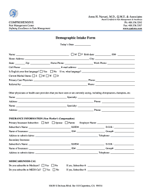 Pain Management Center Demographic Intake Form
