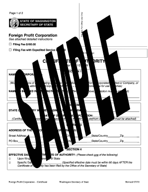 Washington Foreign Profit Corporation Certificate of Authority