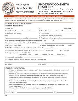 West Virginia Underwood-Smith Teacher Scholarship Application