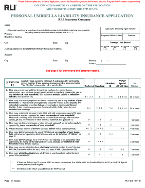 Personal Umbrella Liability Insurance Application
