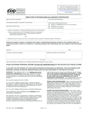 California DE 4 Withholding Allowance Certificate