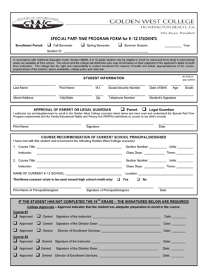 California K-12 Special Part-Time Program Form