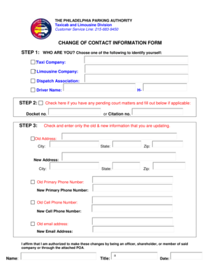 Philadelphia Taxicab Contact Information Change Form