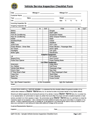 Vehicle Service Inspection Checklist Form