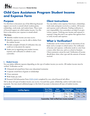Child Care Assistance Program Student Income and Expense Form