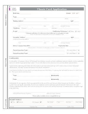 Carnegie Library of Pittsburgh Card Application