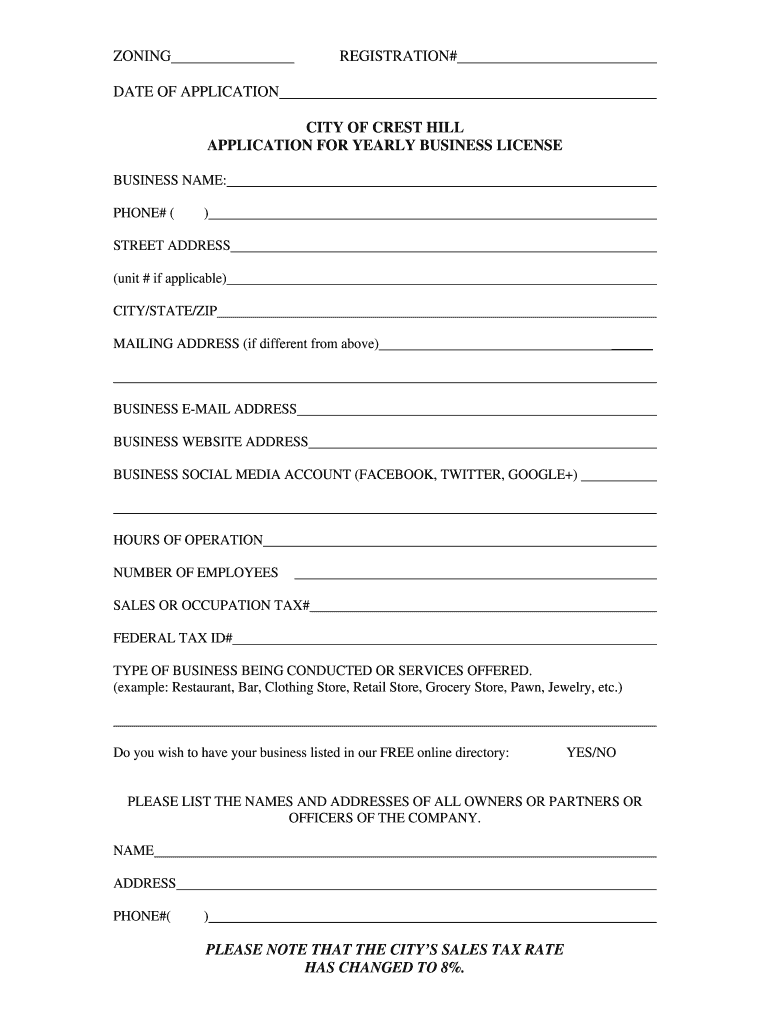 Fillable Online Application for Business Registration Crest Hill Fax