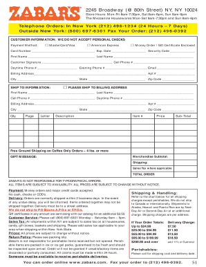 Zabar's Gift Basket Order Form