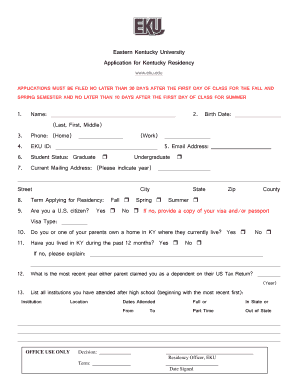 Eastern Kentucky University Application for Kentucky Residency