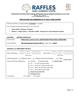 Application for Admission to a Child Care Centre