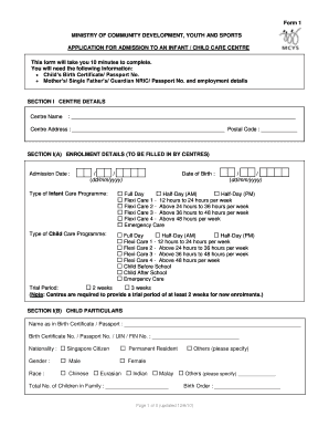 Application for Admission to an Infant Child Care Centre