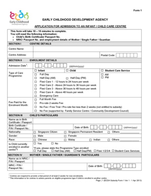 Early Childhood Development Agency Application for Admission to an Infant Child Care Centre