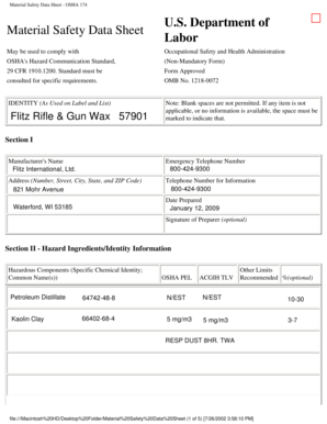 Material Safety Data Sheet OSHA 174