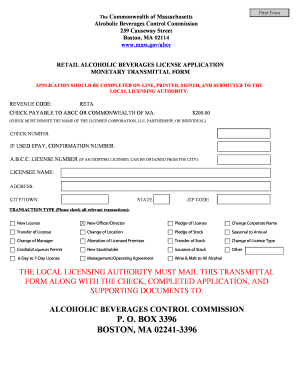 Massachusetts Retail Alcoholic Beverage License Application
