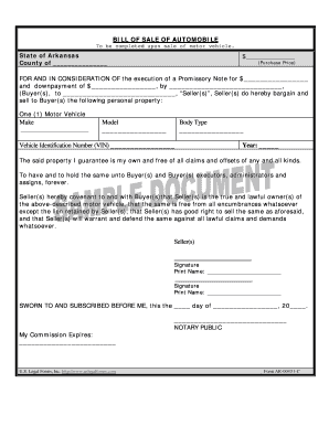 Arkansas Automobile Bill of Sale