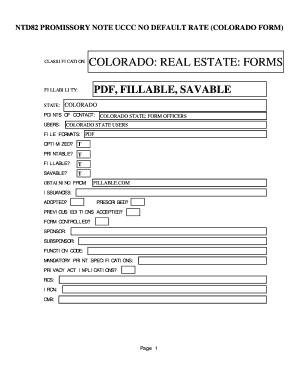 Promissory note sample - NTD82 PROMISSORY NOTE UCCC NO DEFAULT RATE (COLORADO FORM). COLORADO: REAL ESTATE: FORMS