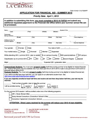 UW-La Crosse Summer 2015 Financial Aid Application