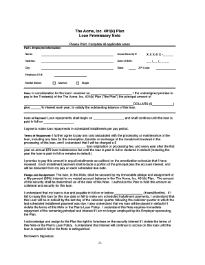 Acme 401(k) Plan Loan Promissory Note