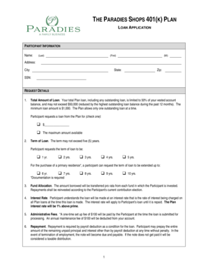 The Paradies Shops 401(k) Plan Loan Application