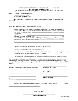 Release by Obligee of Record of a Mortgage or Vendor’s Privilege