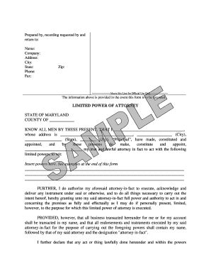 Maryland Limited Power of Attorney