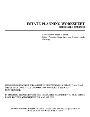 Estate Planning Worksheet for Single Persons