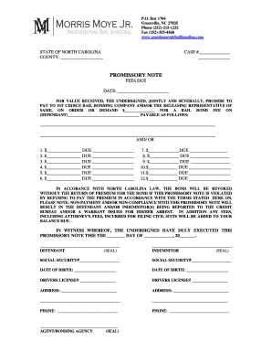 North Carolina Promissory Note for Bail Bond Fee