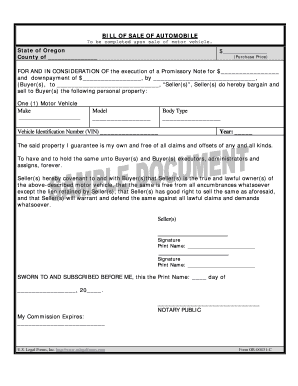 Oregon Bill of Sale for Automobile