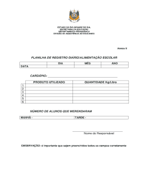 Planilha de Registro Diário/Alimentação Escolar