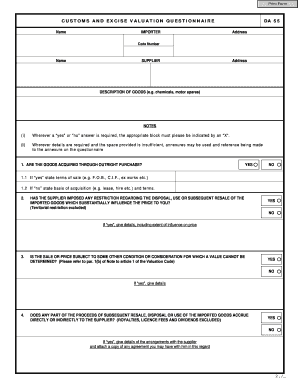 Customs and Excise Valuation Questionnaire DA 55