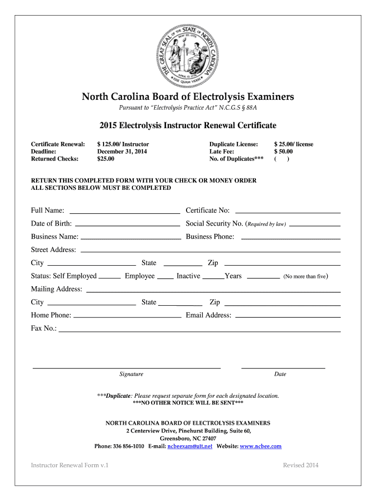Fillable Online North Carolina Board of Electrolysis Examiners Fax