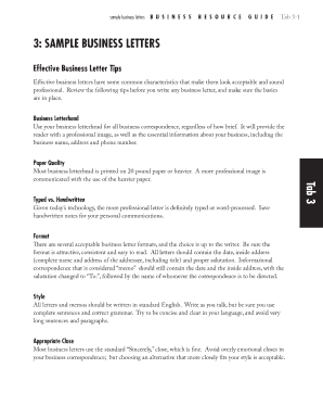 sample business letters B U S I N E S S R es o ur c e G ui d e Tab 3-1 3: Sample Business Letters Effective Business Letter Tips Effective business letters have some common characteristics that make them look acceptable and sound