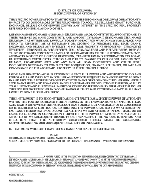 District of Columbia Specific Power of Attorney