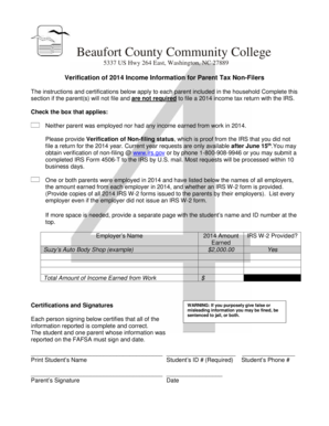 Verification of 2014 Income Information for Parent Tax Non-Filers