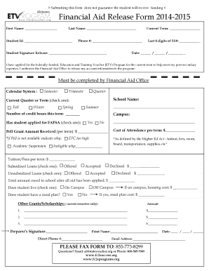 Alabama Education and Training Voucher Financial Aid Release Form