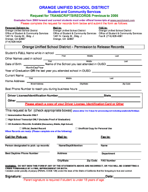 Orange Unified School District Transcript Request Form