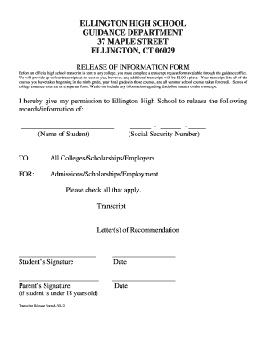 Transcript Release Form - Ellington Public Schools - ellingtonpublicschools