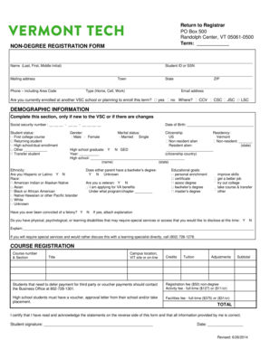 Vermont Non-Degree Registration Form