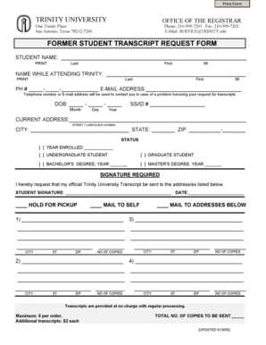 Trinity University Transcript Request Form