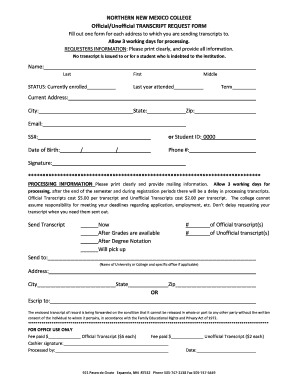 Northern New Mexico College Transcript Request Form