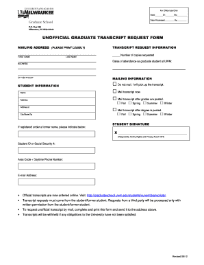 Fillable Online UNOFFICIAL GRADUATE TRANSCRIPT REQUEST FORM Fax Email ...