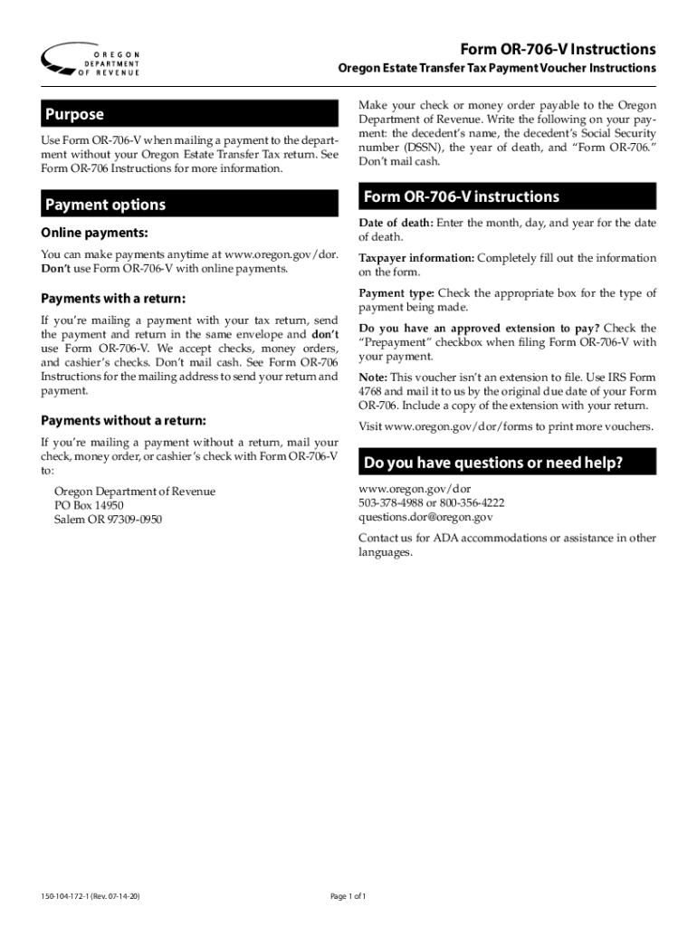 Fillable Online Form OR706V Fillable Oregon Estate Transfer Tax