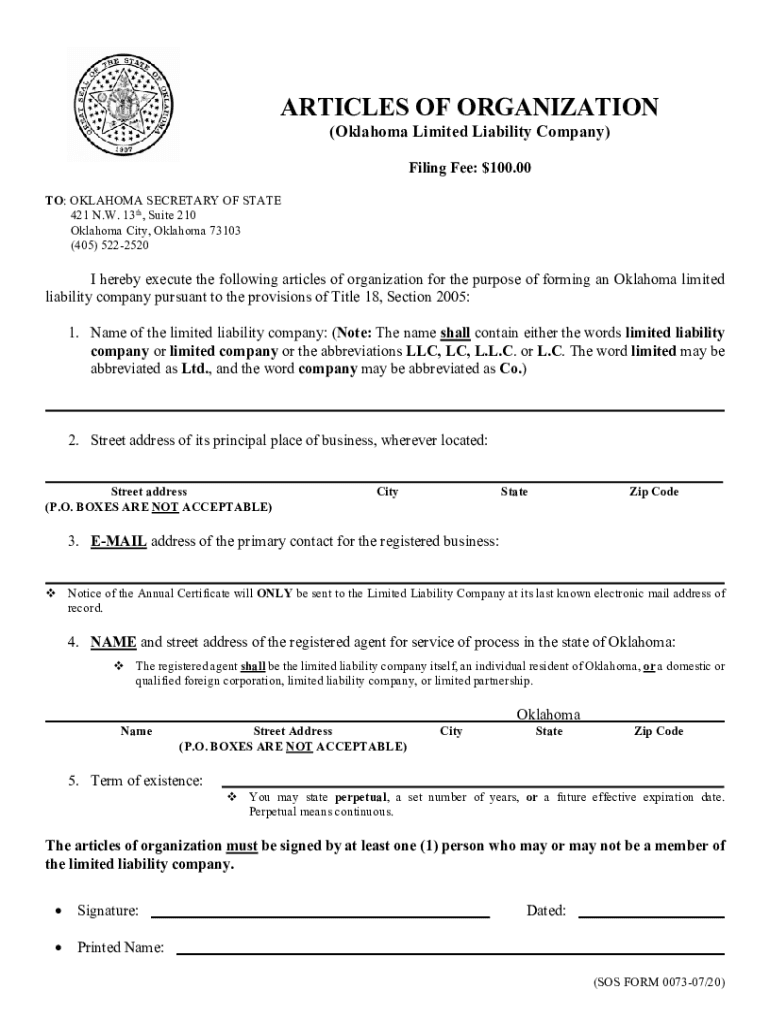Oklahoma Limited Liability Forms - Oklahoma Secretary of State Preview on Page 1