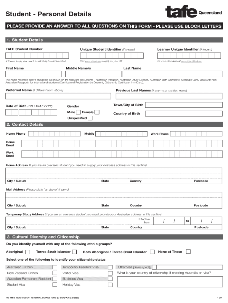 Fillable Online Student Personal Details form TAFE Queensland Fax