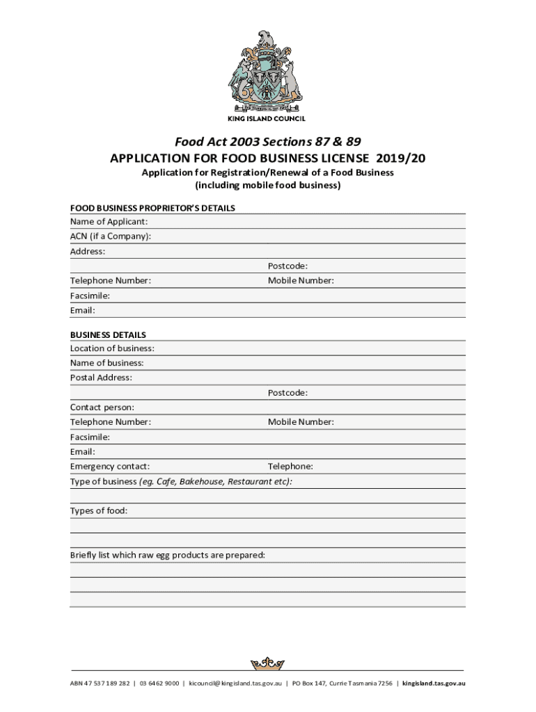 Fillable Online APPLICATION FOR FOOD BUSINESS LICENSE 2019/20 Fax Email