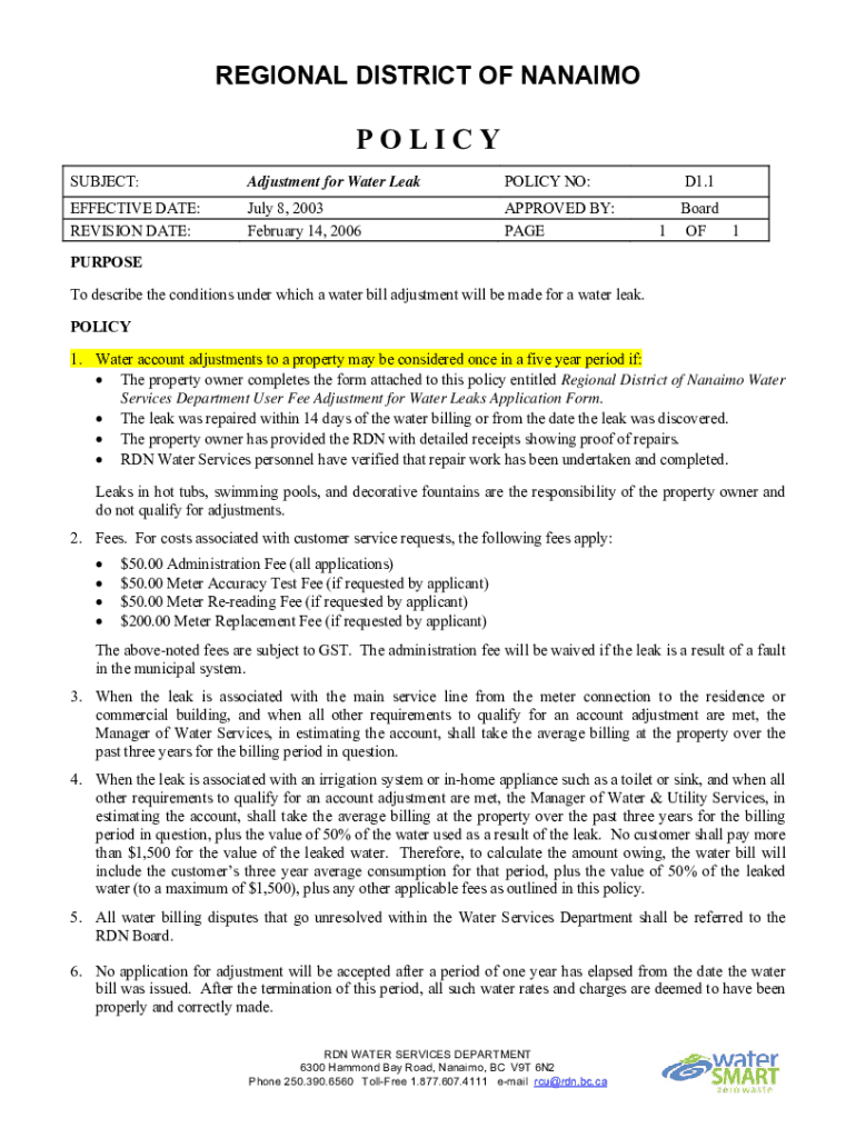 Fillable Online Fillable Online RDN Water Leak Policy and Application