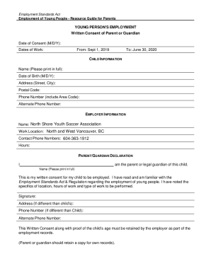 YOUNG PERSONS EMPLOYMENT Written Consent of Parent or ...