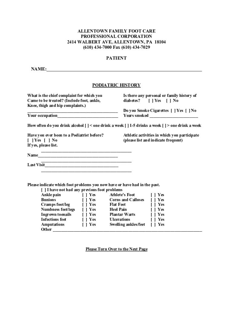 Fillable Online Allentown Family Foot Care Foot Doctor, Podiatrist