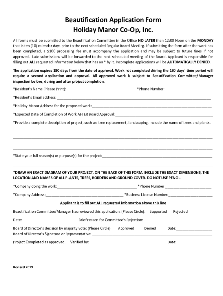 Fillable Online Beautification Application Form Holiday Manor CoOp