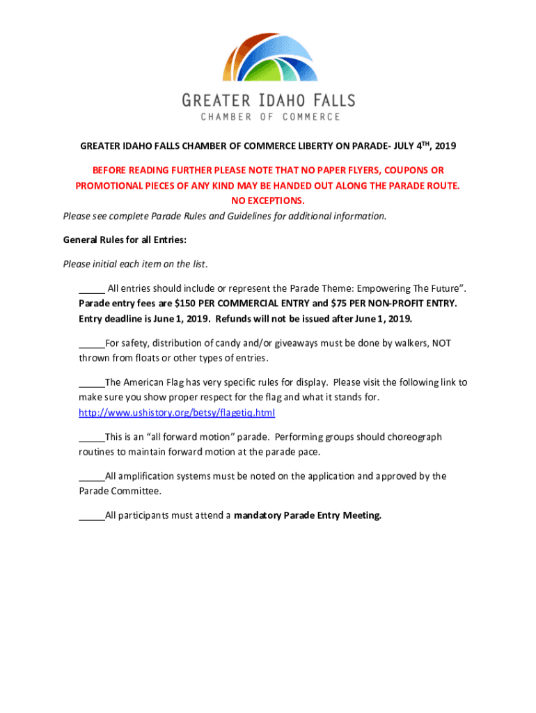 Fillable Online GREATER IDAHO FALLS CHAMBER OF COMMERCE LIBERTY ON PARADE JULY 4TH, 2019 Fax